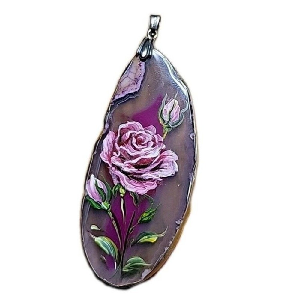 Pendant Artist Hand Painted Agate Single Rose 18k Bail Silver Soldered New